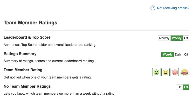 Administrator notification controls showing separate Ratings Summary frequency and No Team Member Ratings on/off options.